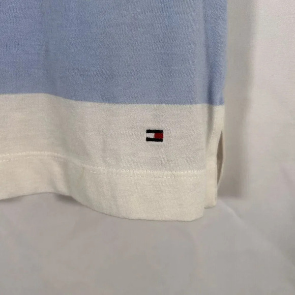 Tommy Hilfiger Blouse Women's Large White Blue Striped 1/2 Button Short Sleeve - Picture 4 of 12